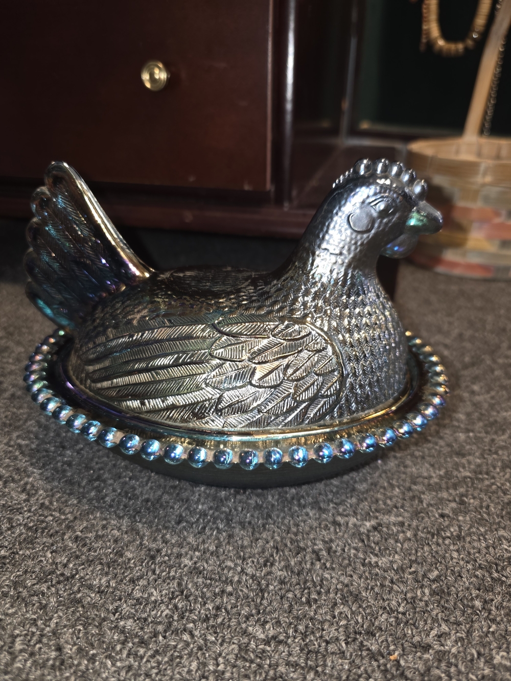 Vintage Indiana Glass Iridescent Confederate Blue Carnival Hen on Nest